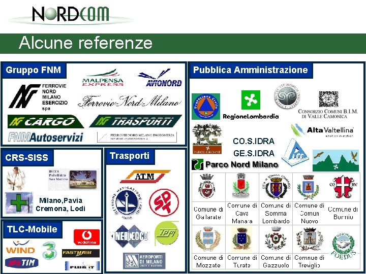 Alcune referenze Gruppo FNM Pubblica Amministrazione CO. S. IDRA CRS-SISS Milano, Pavia Cremona, Lodi