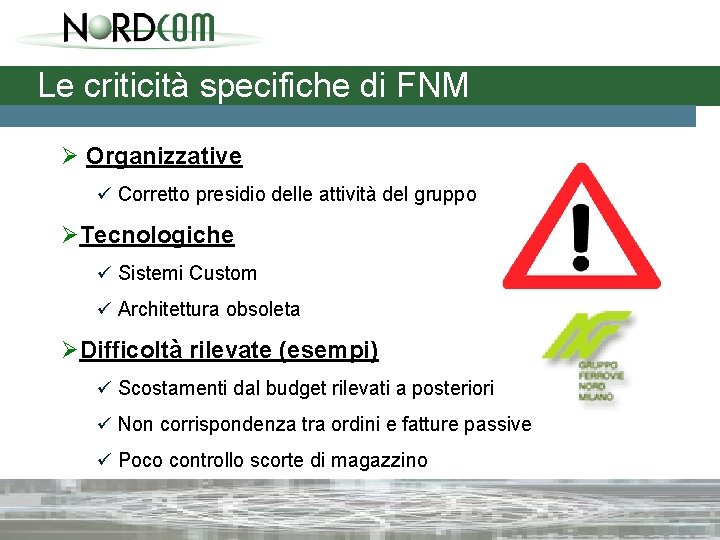 Le criticità specifiche di FNM Ø Organizzative ü Corretto presidio delle attività del gruppo