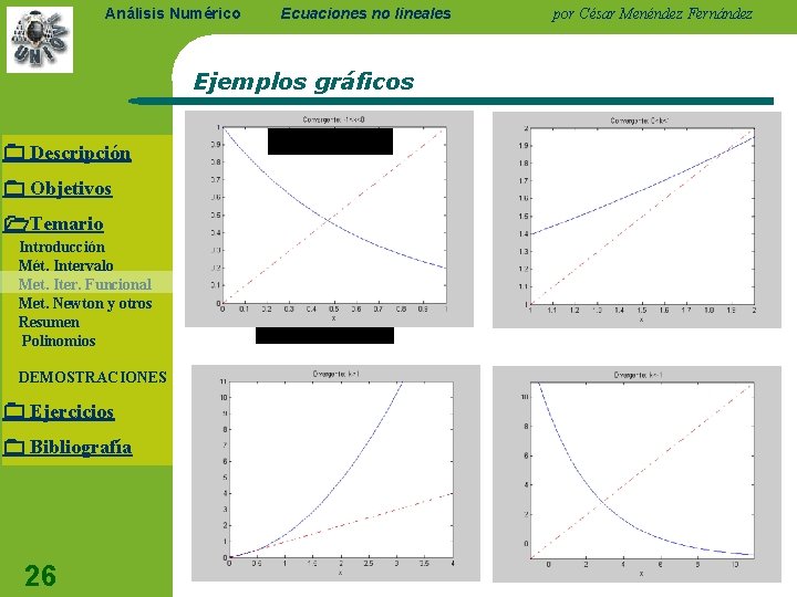 Análisis Numérico Ecuaciones no lineales Ejemplos gráficos Descripción Objetivos Temario Introducción Mét. Intervalo Met.