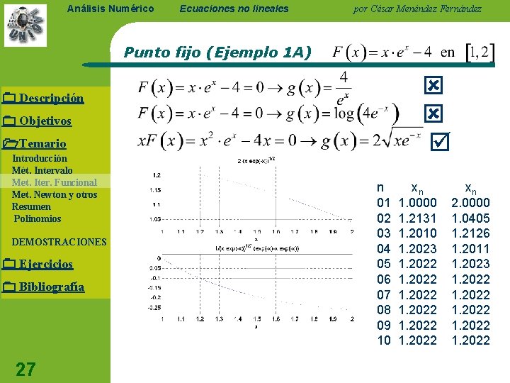 Análisis Numérico Ecuaciones no lineales por César Menéndez Fernández Punto fijo (Ejemplo 1 A)