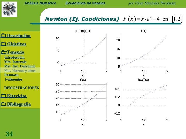 Análisis Numérico Ecuaciones no lineales Newton (Ej. Condiciones) Descripción Objetivos Temario Introducción Mét. Intervalo