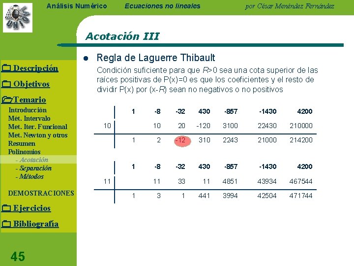 Análisis Numérico Ecuaciones no lineales por César Menéndez Fernández Acotación III Descripción Objetivos l