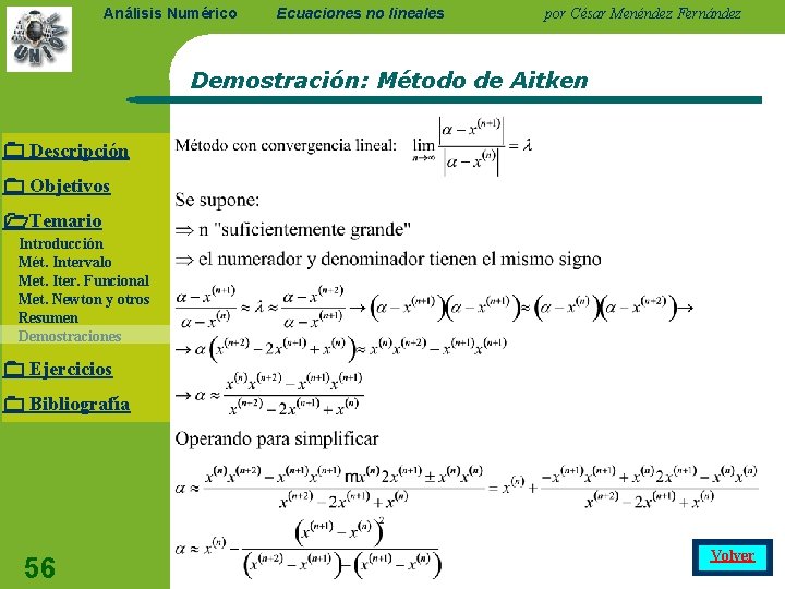 Análisis Numérico Ecuaciones no lineales por César Menéndez Fernández Demostración: Método de Aitken Descripción