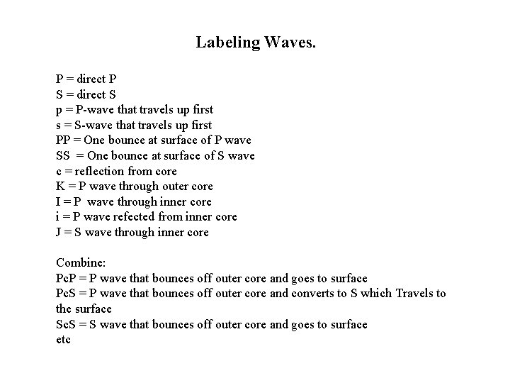 Labeling Waves. P = direct P S = direct S p = P-wave that