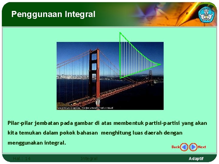 Penggunaan Integral Pilar-pilar jembatan pada gambar di atas membentuk partisi-partisi yang akan kita temukan