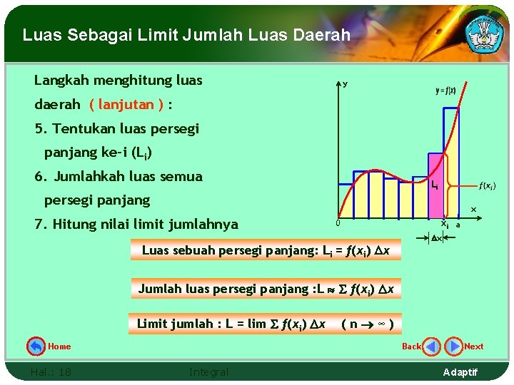 Luas Sebagai Limit Jumlah Luas Daerah Langkah menghitung luas y daerah ( lanjutan )