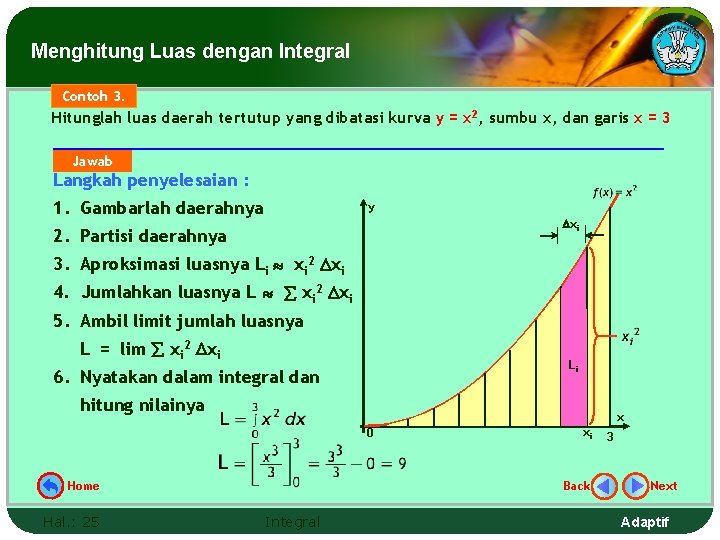 Menghitung Luas dengan Integral Contoh 3. Hitunglah luas daerah tertutup yang dibatasi kurva y