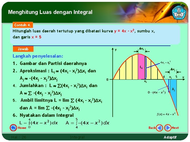 Menghitung Luas dengan Integral Contoh 4. Hitunglah luas daerah tertutup yang dibatasi kurva y