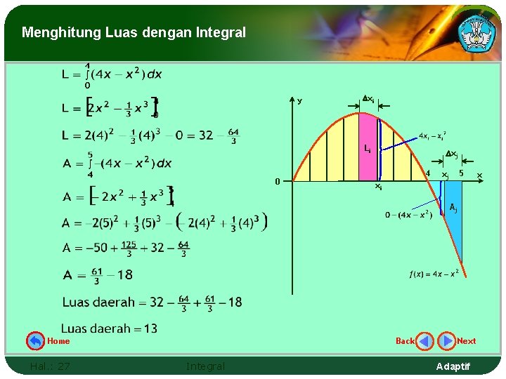 Menghitung Luas dengan Integral y xi Li 0 xj 4 xi 5 xj Aj