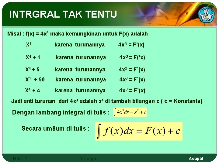 INTRGRAL TAK TENTU Misal : f(x) = 4 x 3 maka kemungkinan untuk F(x)