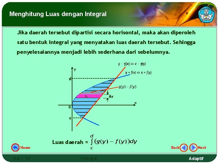 Menghitung Luas dengan Integral Jika daerah tersebut dipartisi secara horisontal, maka akan diperoleh satu