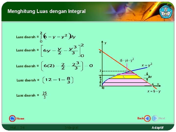 Menghitung Luas dengan Integral Luas daerah = y Luas daerah = 6 Luas daerah