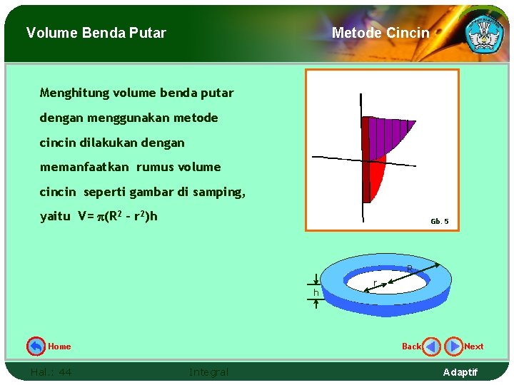 Volume Benda Putar Metode Cincin Menghitung volume benda putar dengan menggunakan metode cincin dilakukan