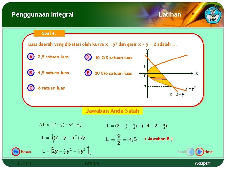 Penggunaan Integral Latihan Soal 4. Luas daerah yang dibatasi oleh kurva x = y