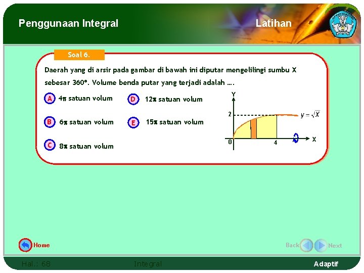 Penggunaan Integral Latihan Soal 6. Daerah yang di arsir pada gambar di bawah ini