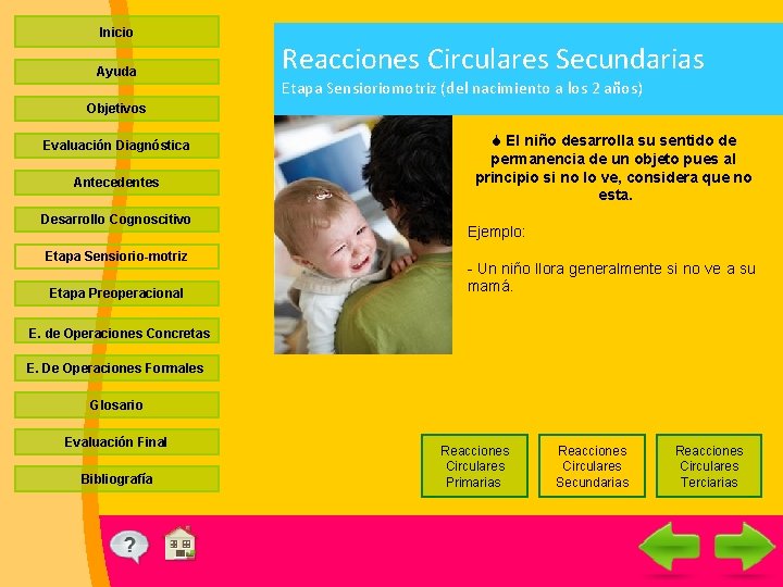 Inicio Ayuda Reacciones Circulares Secundarias Etapa Sensioriomotriz (del nacimiento a los 2 años) Objetivos