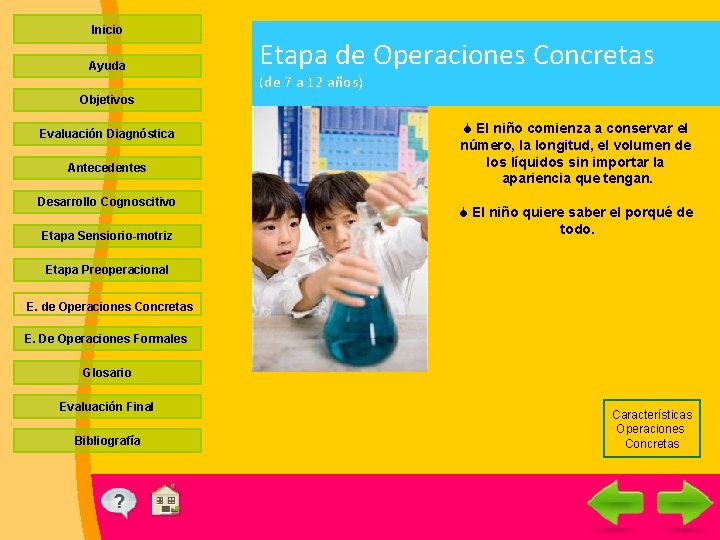 Inicio Ayuda Etapa de Operaciones Concretas (de 7 a 12 años) Objetivos Evaluación Diagnóstica