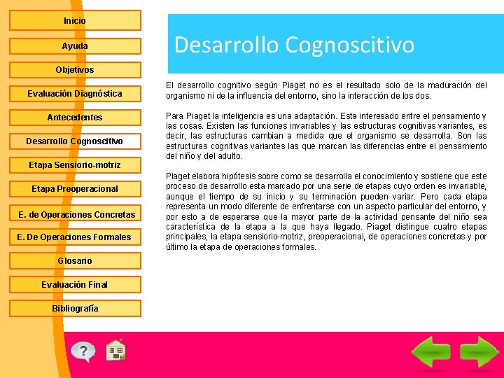 Inicio Ayuda Desarrollo Cognoscitivo Objetivos Evaluación Diagnóstica Antecedentes Desarrollo Cognoscitivo Etapa Sensiorio-motriz Etapa Preoperacional