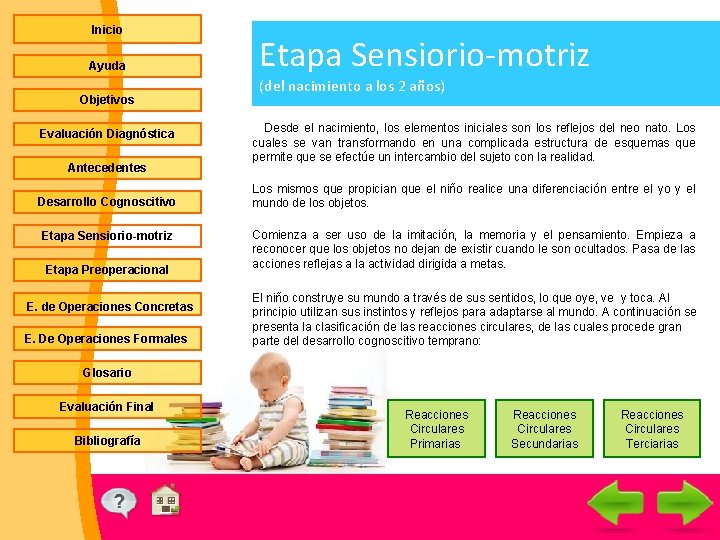 Inicio Ayuda Objetivos Evaluación Diagnóstica Antecedentes Desarrollo Cognoscitivo Etapa Sensiorio-motriz Etapa Preoperacional E. de