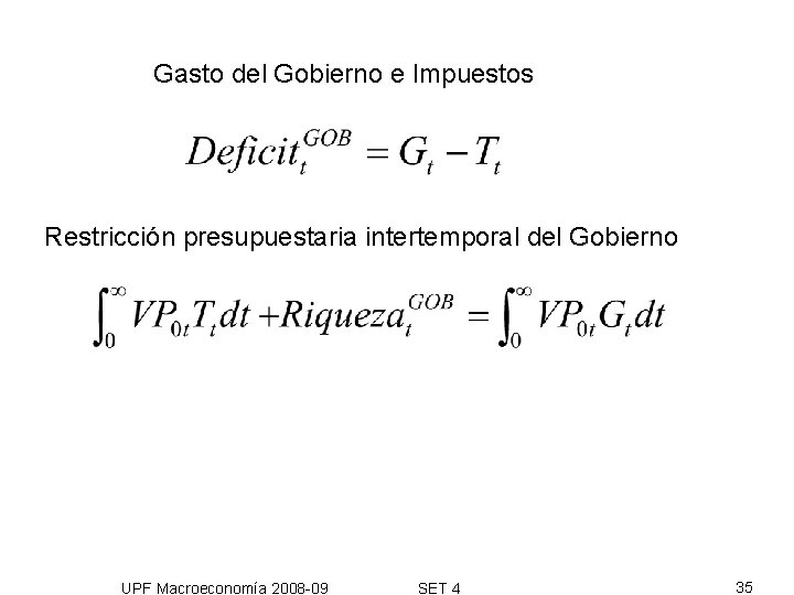 Gasto del Gobierno e Impuestos Restricción presupuestaria intertemporal del Gobierno UPF Macroeconomía 2008 -09