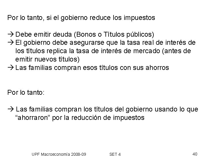 Por lo tanto, si el gobierno reduce los impuestos Debe emitir deuda (Bonos o