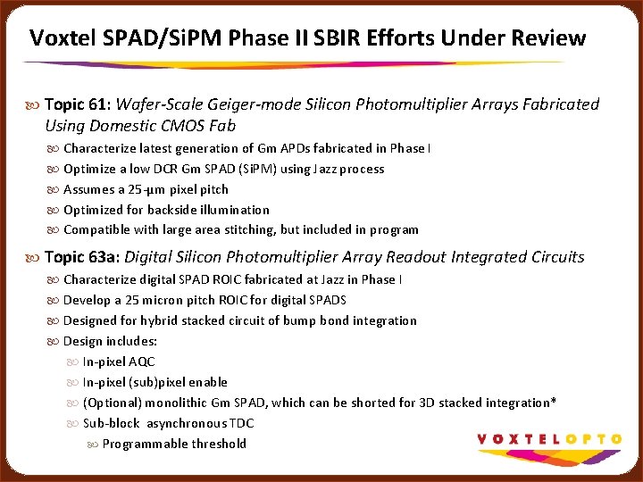 Voxtel SPAD/Si. PM Phase II SBIR Efforts Under Review Topic 61: Wafer-Scale Geiger-mode Silicon