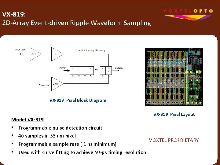 VX-819: 2 D-Array Event-driven Ripple Waveform Sampling VX-819 Pixel Block Diagram VX-819 Pixel Layout