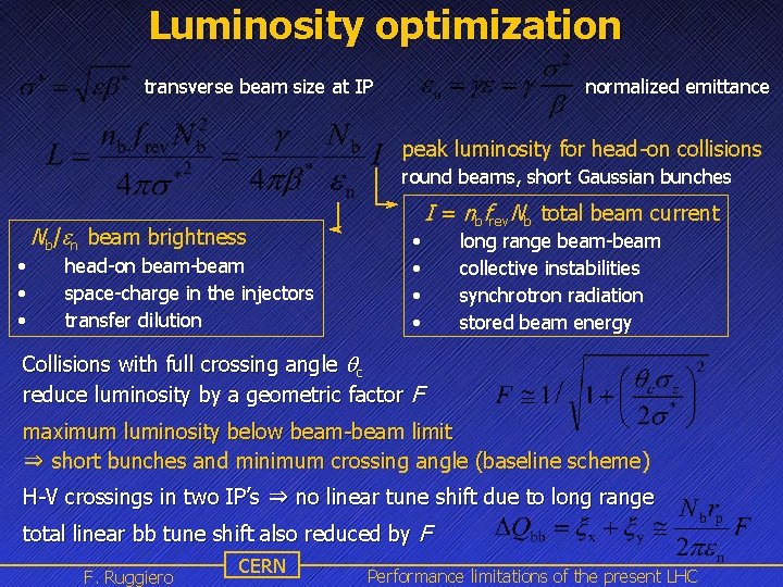 Luminosity optimization transverse beam size at IP normalized emittance peak luminosity for head-on collisions