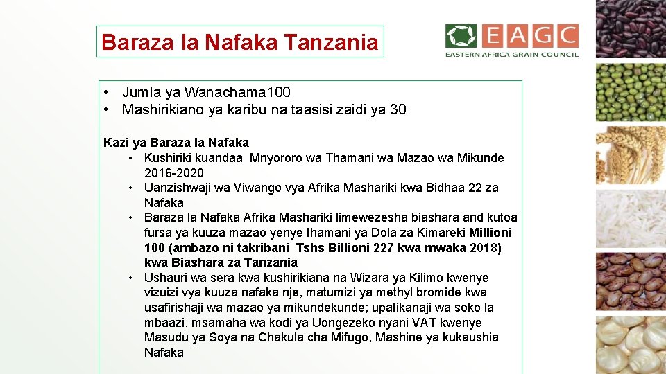 Baraza la Nafaka Tanzania • Jumla ya Wanachama 100 • Mashirikiano ya karibu na