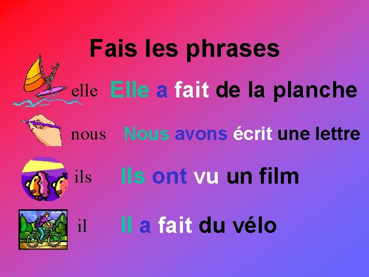 Fais les phrases elle Elle a fait de la planche nous Nous avons écrit