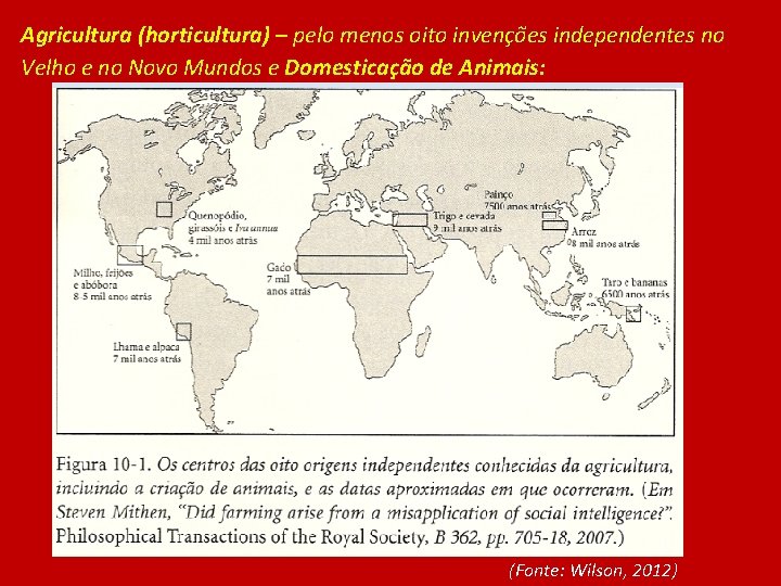 Agricultura (horticultura) – pelo menos oito invenções independentes no Velho e no Novo Mundos