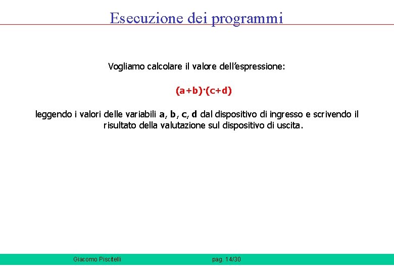 Esecuzione dei programmi Vogliamo calcolare il valore dell’espressione: (a+b)·(c+d) leggendo i valori delle variabili