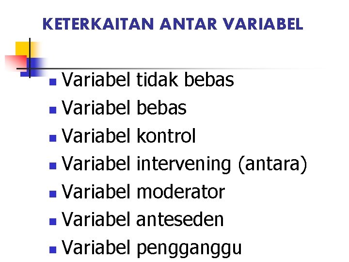 KETERKAITAN ANTAR VARIABEL Variabel n Variabel n tidak bebas kontrol intervening (antara) moderator anteseden KETERKAITAN ANTAR VARIABEL Variabel n Variabel n tidak bebas kontrol intervening (antara) moderator anteseden