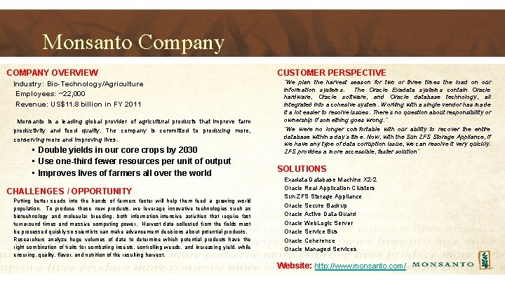 Monsanto Company COMPANY OVERVIEW Industry: Bio-Technology/Agriculture Employees: ~22, 000 Revenue: US$11. 8 billion in