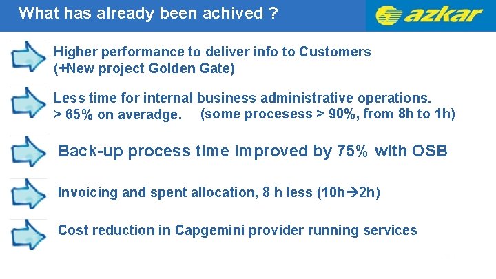 What has already been achived ? Higher performance to deliver info to Customers (+New