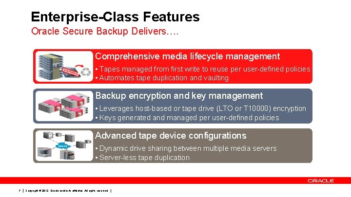 Enterprise-Class Features Oracle Secure Backup Delivers…. Comprehensive media lifecycle management • Tapes managed from