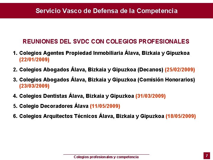 Servicio Vasco de Defensa de la Competencia REUNIONES DEL SVDC CON COLEGIOS PROFESIONALES 1.