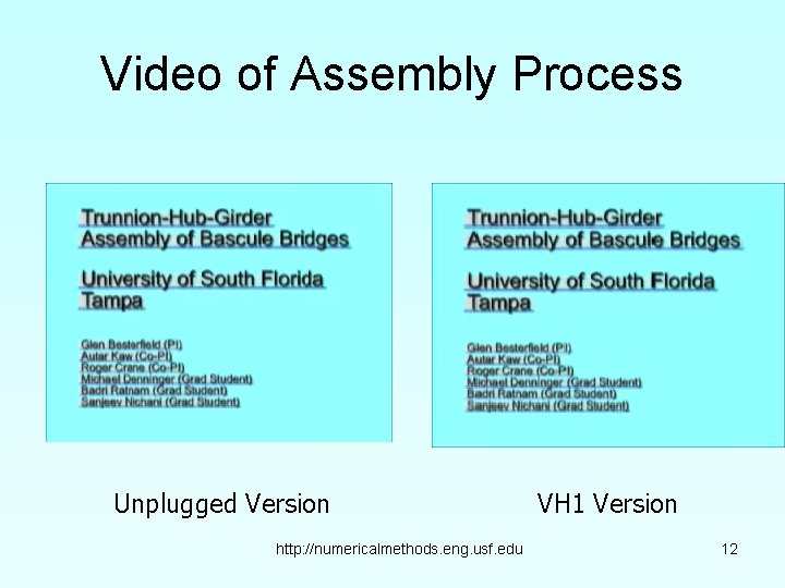 Video of Assembly Process Unplugged Version http: //numericalmethods. eng. usf. edu VH 1 Version