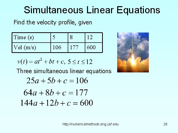 Simultaneous Linear Equations Find the velocity profile, given Time (s) 5 8 12 Vel