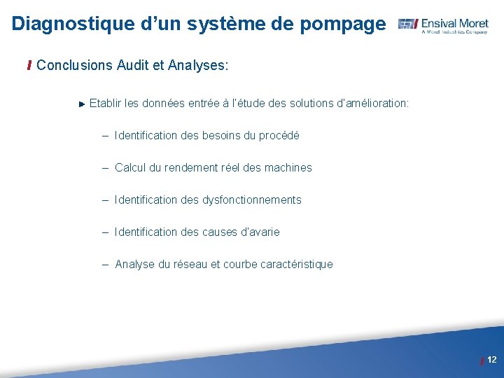 Diagnostique d’un système de pompage Conclusions Audit et Analyses: Etablir les données entrée à