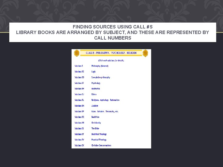 FINDING SOURCES USING CALL #S LIBRARY BOOKS ARE ARRANGED BY SUBJECT, AND THESE ARE