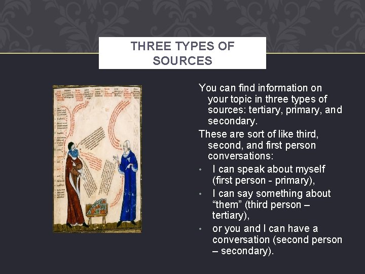 THREE TYPES OF SOURCES You can find information on your topic in three types