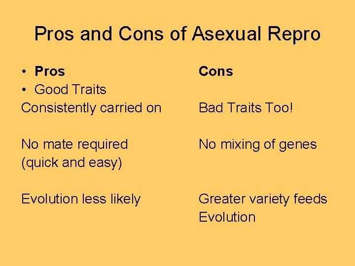 Pros and Cons of Asexual Repro • Pros • Good Traits Consistently carried on