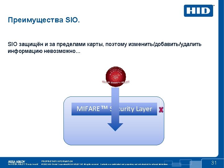 Преимущества SIO защищён и за пределами карты, поэтому изменить/добавить/удалить информацию невозможно. . . MIFARE™