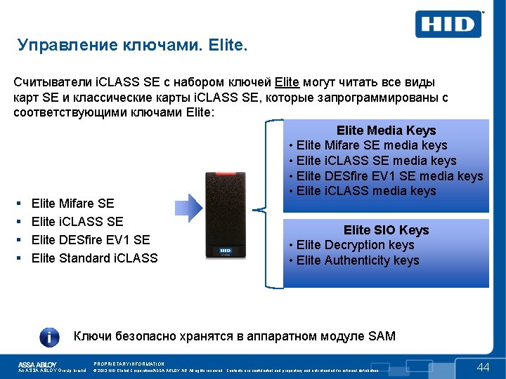 Управление ключами. Elite. Считыватели i. CLASS SE с набором ключей Elite могут читать все