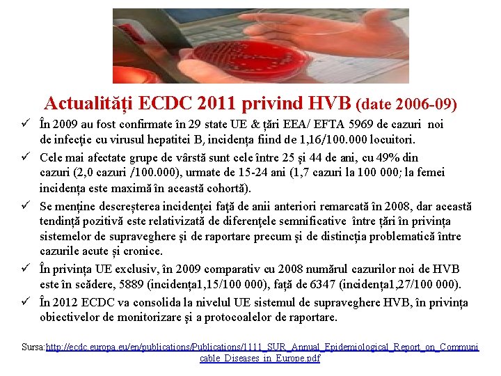 Actualități ECDC 2011 privind HVB (date 2006 -09) ü În 2009 au fost confirmate