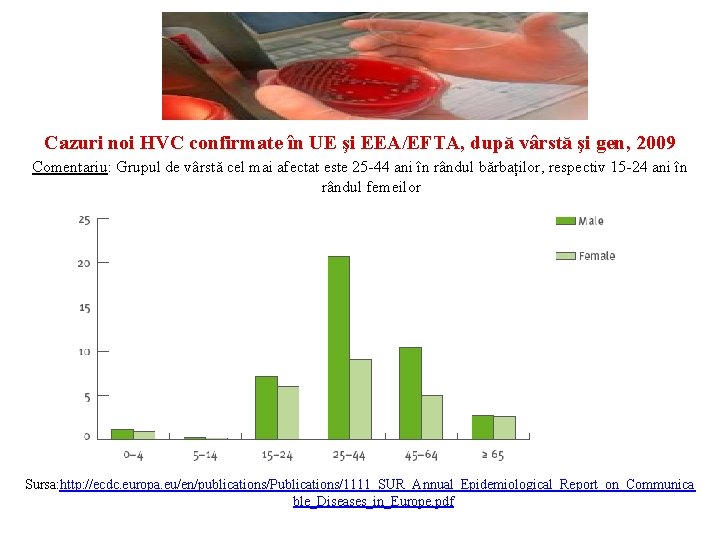 Cazuri noi HVC confirmate în UE şi EEA/EFTA, după vârstă şi gen, 2009 Comentariu: