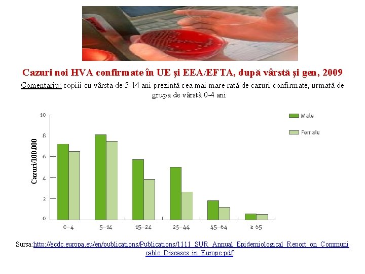 Cazuri noi HVA confirmate în UE şi EEA/EFTA, după vârstă şi gen, 2009 Cazuri/100.