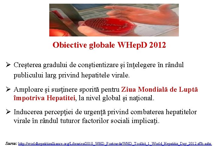 Obiective globale WHep. D 2012 Ø Creşterea gradului de conştientizare şi înţelegere în rândul