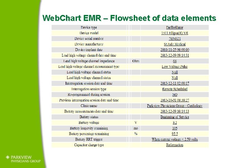  Web. Chart EMR – Flowsheet of data elements 